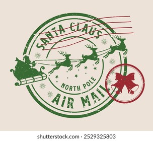 Etiqueta engomada colorida de la vendimia de Santa Claus con el mago del año Nuevo que despega en el trineo del reno con la Ilustración vectorial del correo aéreo de la firma