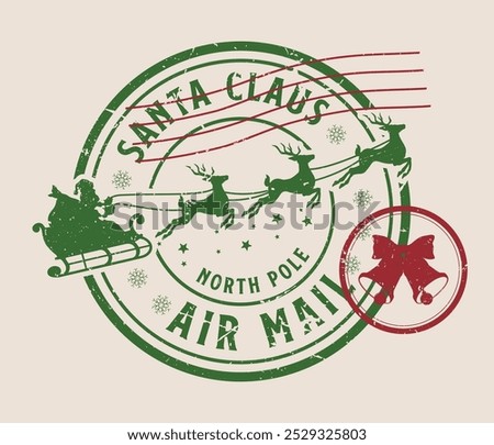 Santa Claus colorful vintage sticker with New Year wizard taking off on reindeer sleigh with signature air mail vector illustration