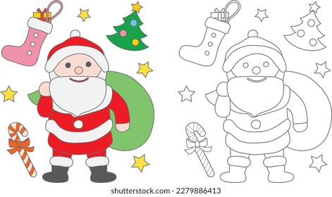 Ilustración vectorial del libro de coloreado de Santa Claus. Libro de colorear para niños.