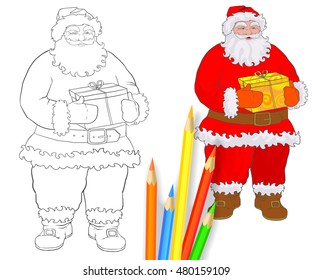 Santa Claus coloring and colored pencils. Grandfather with gift box in hands on a Christmas holiday.