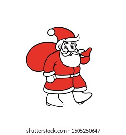Santa Claus comes with bag gifts for Christmas and new year. Vector sketch illustration isolated for greeting cards.