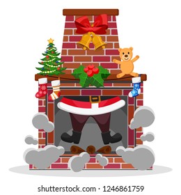 Santa Claus comes down in the fireplace on a white.