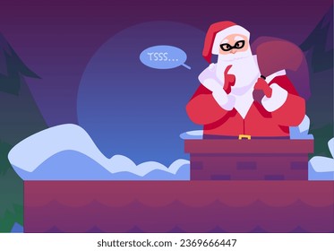 Santa Claus comes out of the chimney, vector illustration in simple flat style. Secret Santa in a red suit and hat on the roof of the house.