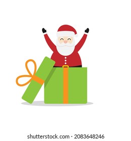 Santa claus comes out of the christmas gift box giving a surprise. Flat design vector illustration isolated on white background.