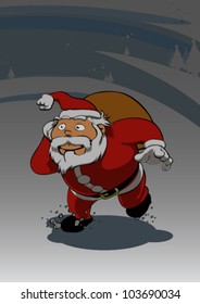 Santa Claus comes way between the night, load of gifts. / Santa comes