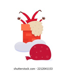 Santa Claus comic character jumps down snowy chimney of house vector illustration. Cartoon funny old man with red bag full of presents jumping to put gifts in Christmas stockings isolated on white