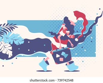 Santa Claus coming back from holidays, between tropical beach and snowfall. New Year and Christmas' dates are getting closer concept. Winter nearness illustration. 