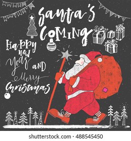 Santa Claus is coming with big gifts bag happy new year and merry christmas illustration. Celebration flags white bright star. Snow and pine trees.  