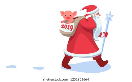 Santa Claus is coming and carrying a bag of pig