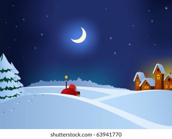 Santa Claus coming to christmas town through night snow field.