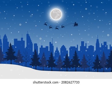 Santa Claus coming to city on winter night background,vector illustration