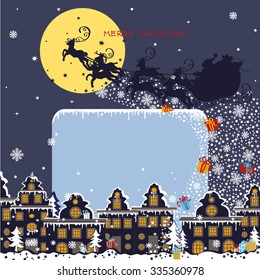 Santa Claus coming to the city and throws gifts.New year,Christmas greeting card.Moon background,winter landscape. Flat Vector illustration.Room for text