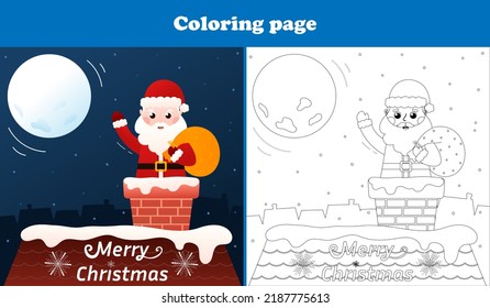 Santa Claus is coming down the chimney coloring page for christmas, printable worksheet for kids