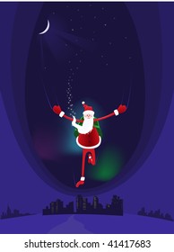 Santa Claus coming down from heaven on the night on the town