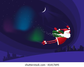 Santa Claus coming down from heaven on the night on the town