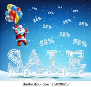 Santa Claus coming down on balloons for Christmas sales. Sale is made of ice. From the sky falling prices. Happy new year 2015. Vector. Icon.