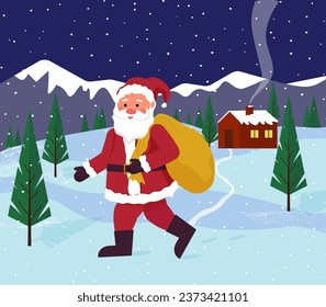 Santa Claus is coming with gifts. Christmas illustration. Santa Claus's house in Lapland. Vector. For packaging, cards, congratulations and invitations, web pages and social networks.