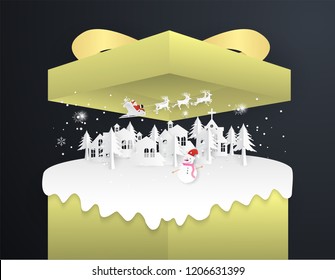 santa claus is coming in gold gift box, Banner premium black gold,happy new year.