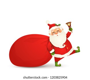 Santa Claus is coming. Santa Claus with huge, red, heavy bag with presents, gift boxes, jingle bell isolated. Happy Santa Clause cartoon character for winter, new year holidays, christmas posters.