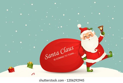 Santa Claus is coming. Santa Claus with huge, red, heavy bag with presents, gift boxes, jingle bell isolated. Happy Santa Claus cartoon character for winter, new year holidays, christmas posters, card