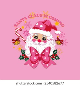 Papai Noel está vindo com um Papai Noel com um capuz rosa, arco rosa e pequenos sinos ao redor, com um fundo rosa Vetor para serigrafia, dtg, dtf, t-shirts, sinais, banners, Subimation Jobs ou para um