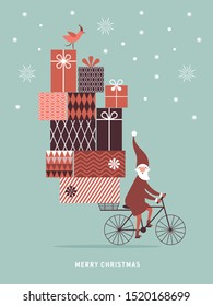 Santa Claus Is Coming to Town. Christmas illustration. Santa going by bike and carry big  gifts boxes