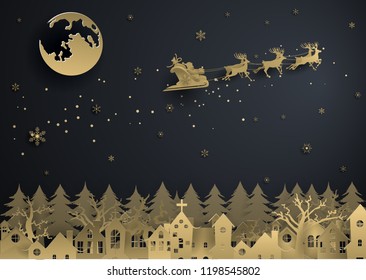 Santa Claus Is Coming town with gold snowflake,moon and christmas tree ,merry christmas ,happy new year