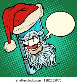 Santa Claus communicates via smartphone. Comic cartoon pop art retro vector drawing