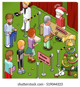 Santa Claus complaints desk, queue of people with broken and damaged presents in front (isometric cartoon)
