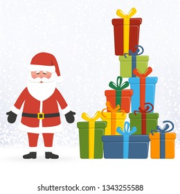 Santa Claus concept with colored gifts and blue snow fall background for christmas time greetings