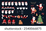 Santa Claus conctrustor. Santa Claus character creation set. Collection of character body parts and emotions. Different emotions, beards, hats, hands and legs positions.