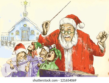 Santa Claus as conductor of the choir of Elves. Hand drawing into vector.