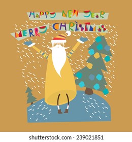 Santa Claus congratulates all. Christmas. Festive New Year 2015. Card. Vector illustration.