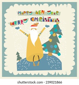 Santa Claus congratulates all. Christmas. Festive New Year 2015. Card. Vector illustration.