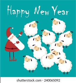 Santa Claus congratulates flock of sheep happy new year illustration