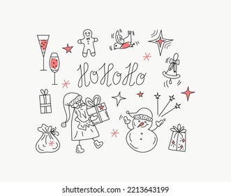 Santa Claus congratulates Merry Christmas. Gift and bag with Santa's  Snowman, alcoholic drinks, gingerbread man. Lettering, hand-drawn icons. Vector illustration, doodle.