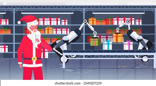 santa claus controlling industrial robots loading gift present boxes on conveyor belt merry christmas happy new year celebration concept modern warehouse interior horizontal vector illustration