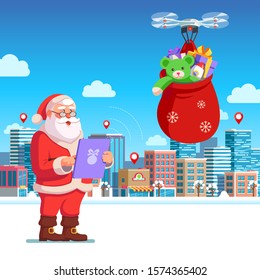 Santa Claus controls a drone in the city, gift delivery. Modern flat style thin line vector illustration.