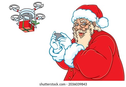 Santa Claus controls drone with futuristic smartphone to deliver presents to children, digital communication devices, technology, Connecting in Christmas, Happy New Year Concept, Vector Illustration.