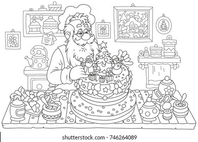 Santa Claus cooking a fancy Christmas cake in his kitchen