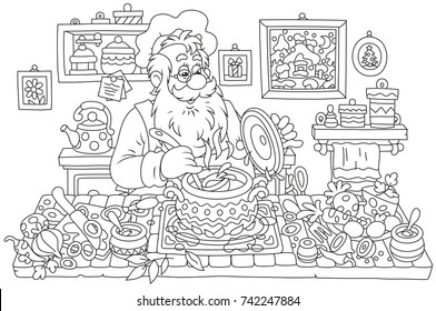 Santa Claus cooking soup in his kitchen