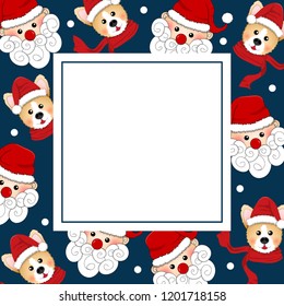Santa Claus and Corgi with Red Scarf on Indigo Blue Banner Card. Vector Illustration.