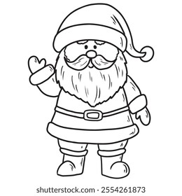 Santa Claus in costume with beard and moustache is waving hand isolated on white background. Hand drawn vector sketch illustration in doodle engraved vintage line art style. Merry Christmas symbol