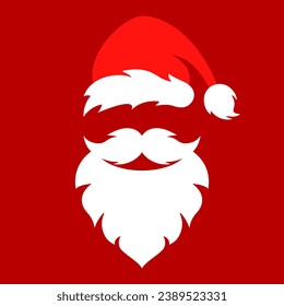 Santa Claus costume with cap beard and moustaches, Christmas greeting card design. Vector holiday Santa illustration on red background.