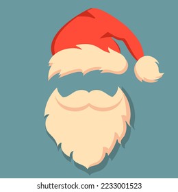 Santa Claus costume, Christmas cap and beard, vector holiday clip art. New Year greeting card retro design with Santa portrait flat illustration.