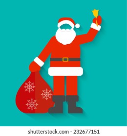 Santa Claus Costume with Christmas sack and ringing bell in flat design style, vector illustration 