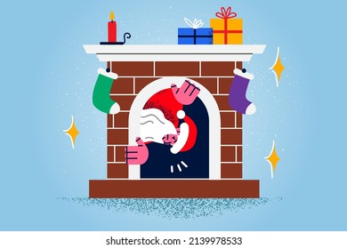 Santa Claus in costume come out of chimney on Christmas eve. Happy Santa leave presents for New Year at home. Winter holiday celebration and traditions. Flat vector illustration. 