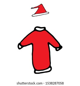 Santa Claus costume. Hand drawn icons. Inscription for prints, postcards, posters, socials, banners, stickers and seasonal design. Illustration isolated on white background. Home comfort.