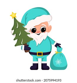 Santa Claus in costume and hat with bag of gifts and Christmas tree with star. Symbol of New Year and Christmas. Cute character with happy emotions and smile