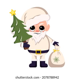 Santa Claus in costume and hat with bag and Christmas tree. Symbol of New Year and Christmas. Cute character with emotions of suspicious, displeased eyes